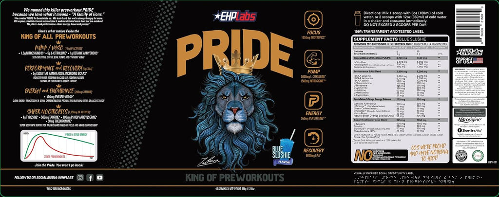 EHP Labs Pride Pre Workout - Pre-entreno en Polvo Sin Azúcar con Cafeína y BCAA (40 Servicios, Blue Slushie)