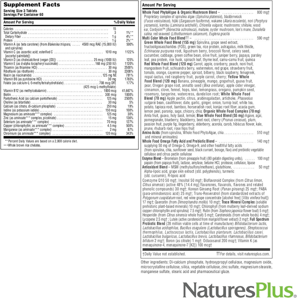 NaturesPlus Source of Life GOLD Multivitamínico - 180 Comprimidos - Con Vitaminas D3, B12 y K2 - Apoyo para Sangre, Huesos e Inmunidad - Vegetariano y Sin Gluten - 60 Porciones