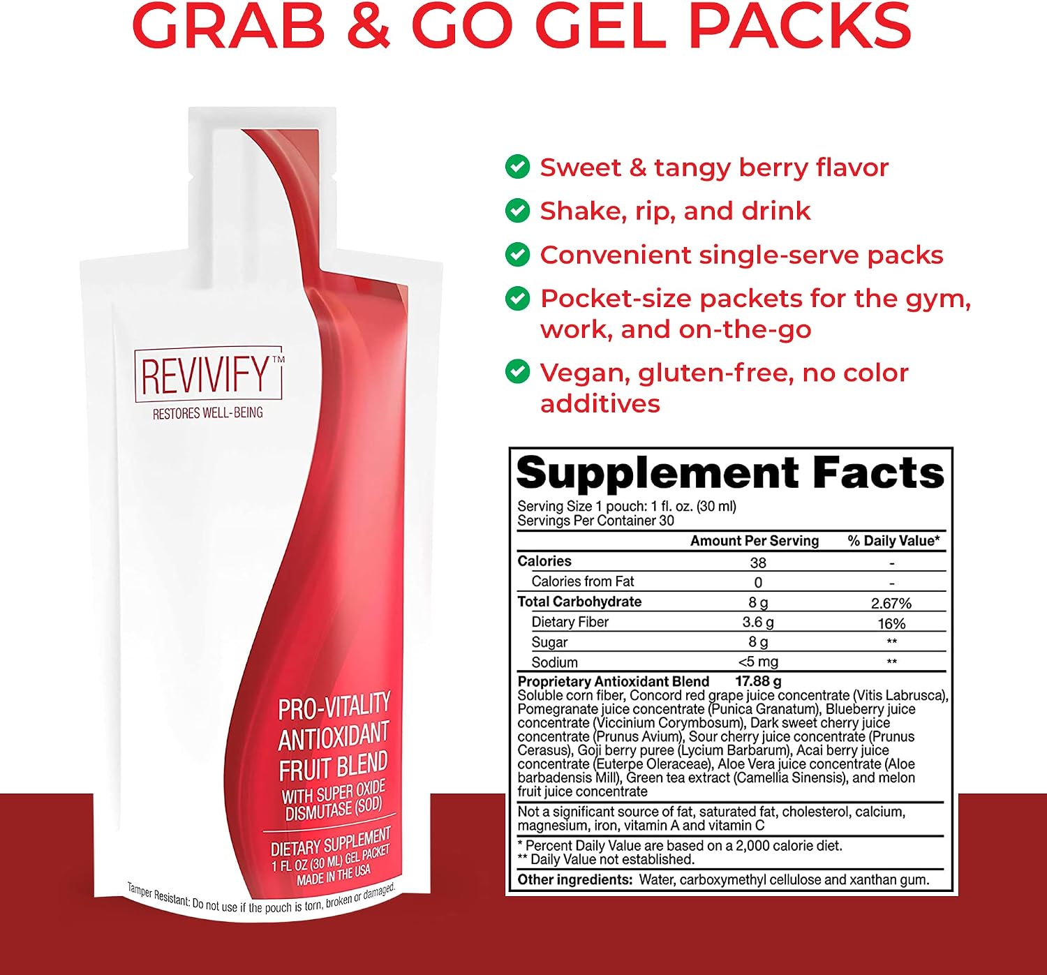 REVIVIFY Pro-Vitality Gel Oral - Superóxido Dismutasa (SOD), Fibra Soluble y Frutas, 30 días
