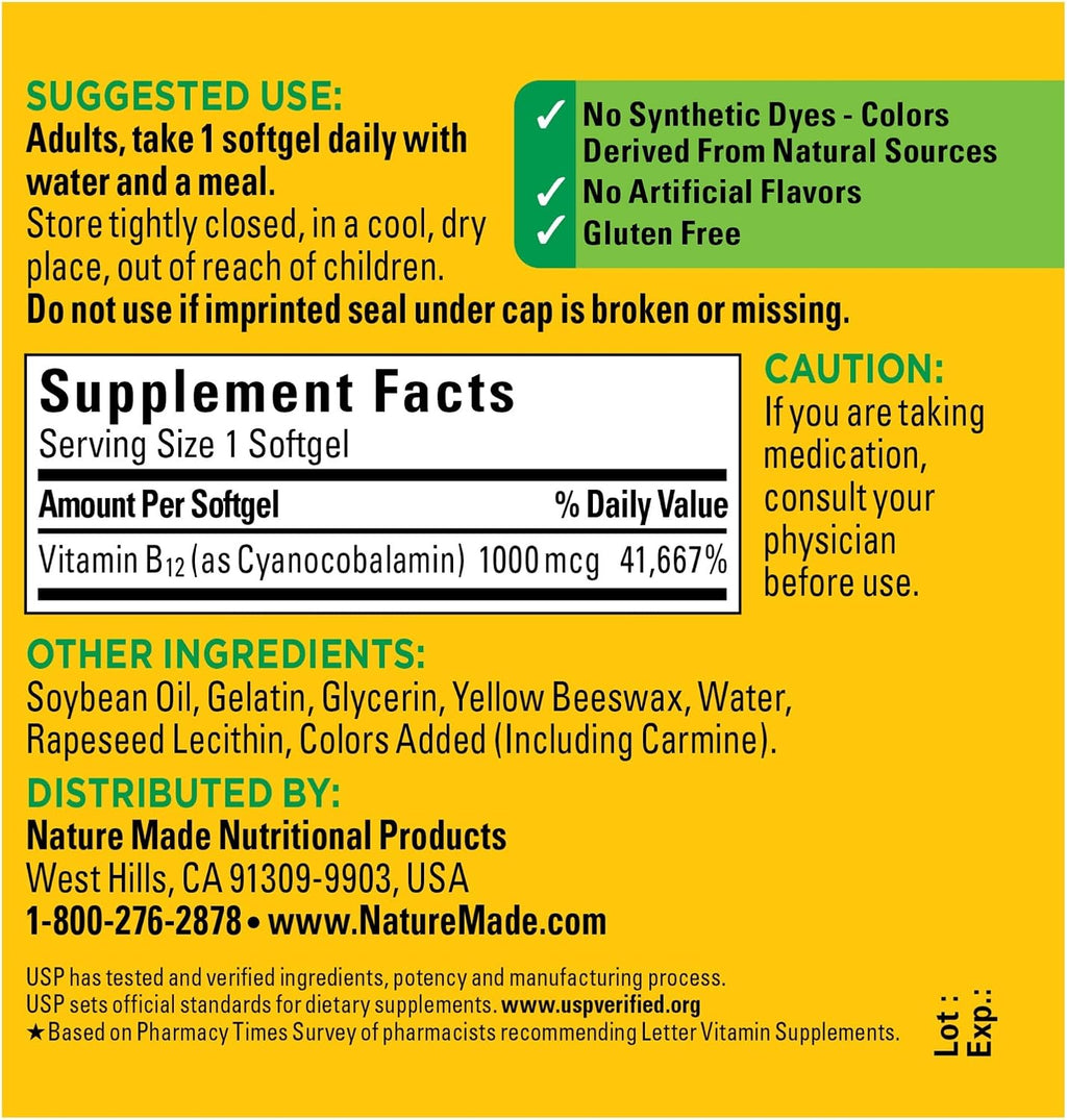 Nature Made Vitamin B12 1000 mcg, 90 Softgels for Energy Metabolism