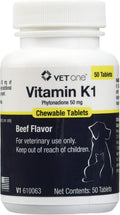 Vet One Vitamina K1 Masticables - Vitamina K1 para Perros y Gatos, Sabor Carne de Res, 50 Comprimidos, 50 mg de Fitonadiona