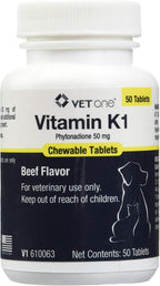 Vet One Vitamina K1 Masticables - Vitamina K1 para Perros y Gatos, Sabor Carne de Res, 50 Comprimidos, 50 mg de Fitonadiona