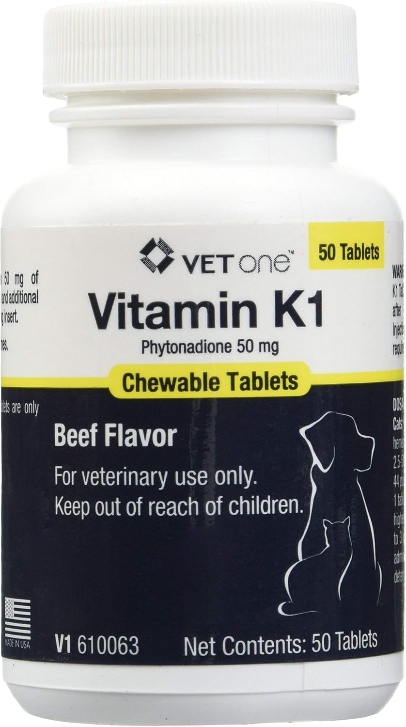 Vet One Vitamina K1 Masticables - Vitamina K1 para Perros y Gatos, Sabor Carne de Res, 50 Comprimidos, 50 mg de Fitonadiona