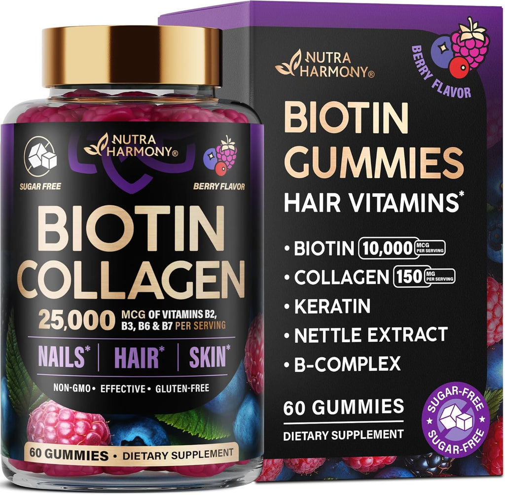 Gomitas de Biotina con Colágeno, 10000mcg, Sin Azúcar, 60 Gomitas