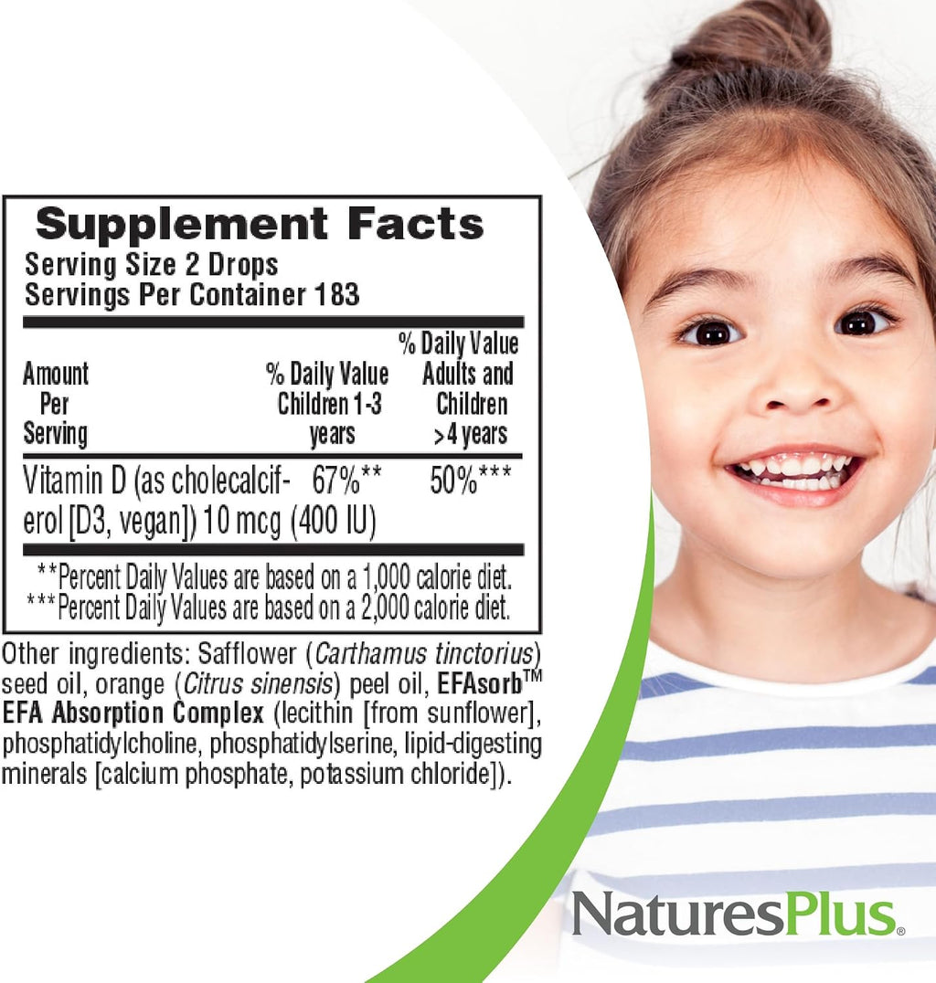 NaturesPlus Animal Parade Gotas Líquidas de Vitamina D3 para Niños - 400 UI, 10 ml - Sabor Naranja - Apoyo Óseo e Inmunológico - Sin Gluten, Vegetariano - 365 porciones