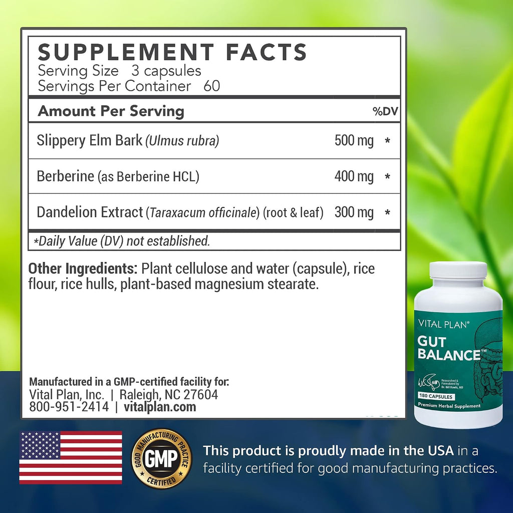 Vital Plan Gut Balance – Complemento Digestivo Avanzado con Slippery Elm, Berberina y Diente de León, 180 Cápsulas