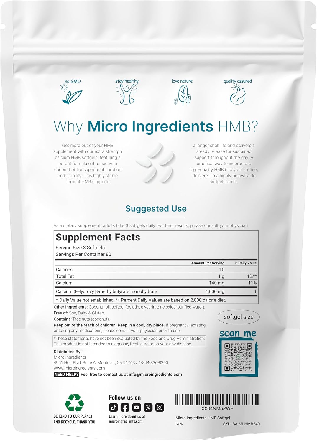 HMB 1.000 mg | 240 Cápsulas Blandas con Aceite de Coco | Alta Biodisponibilidad | Suplemento HMB para Hombres y Mujeres | Beta-Hidroxi Beta-Metilbutirato Cálcico | Apoya la Masa Muscular Magra y la Recuperación Muscular