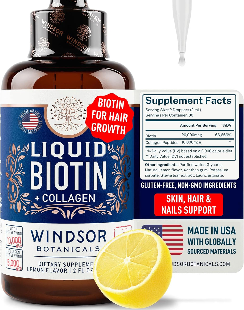 Biotina y Colágeno Líquido | 10.000 μg de Biotina + 5.000 μg de Colágeno | 60 ml