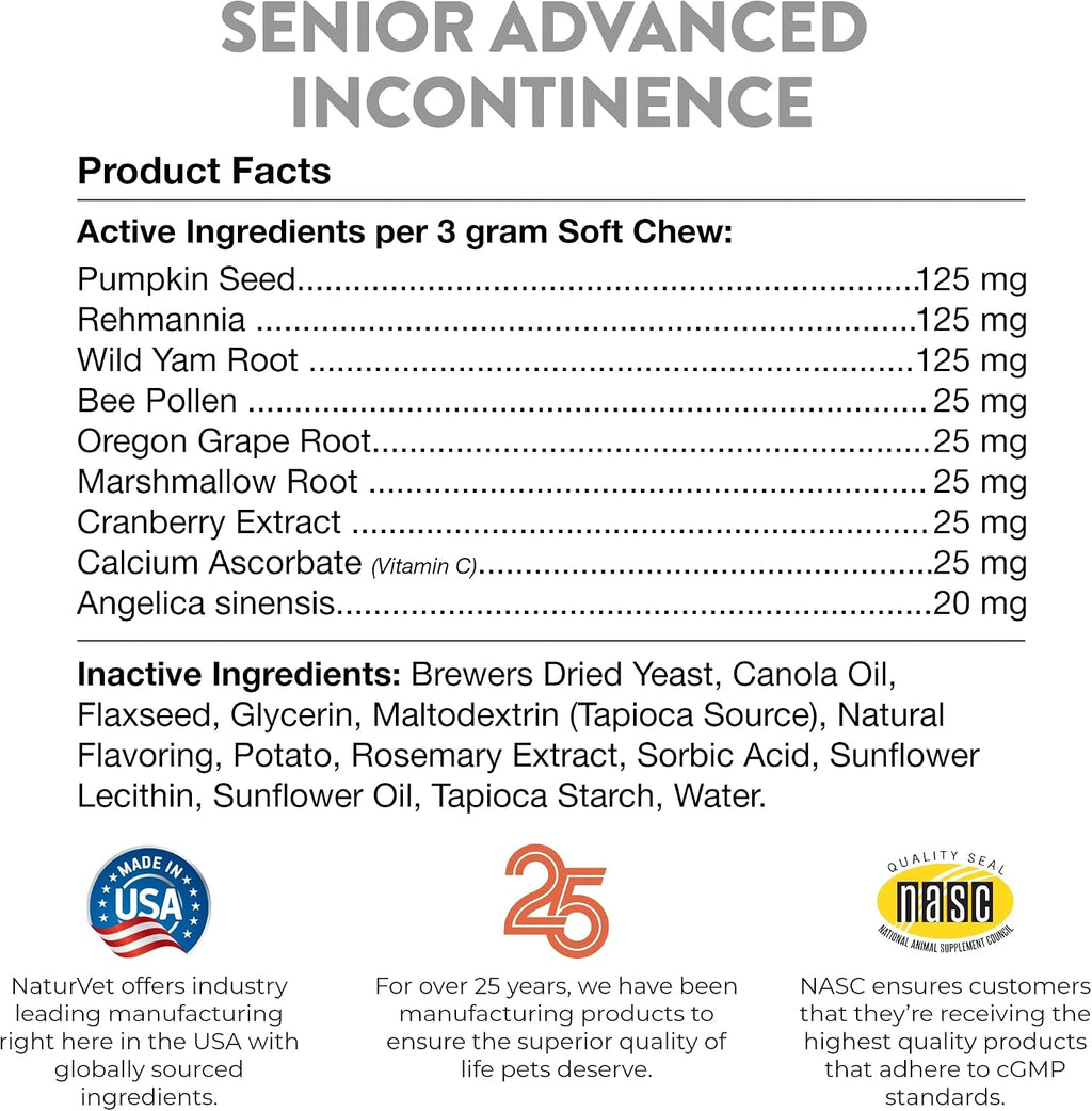 NaturVet Senior Advanced Incontinence - Suplemento para Perros - 60 Masticables Blandos