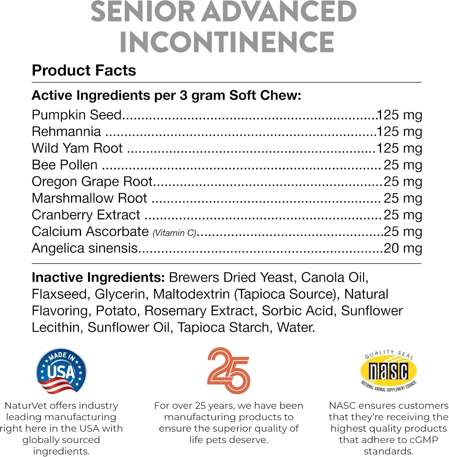 NaturVet Senior Advanced Incontinence - Suplemento para Perros - 60 Masticables Blandos