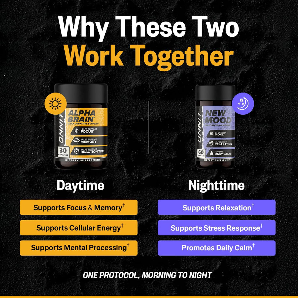 ONNIT Cognitive & Mood Support Pack: Alpha Brain Nootrópico (30 cápsulas) + New Mood Apoyo al Estrés (60 cápsulas)