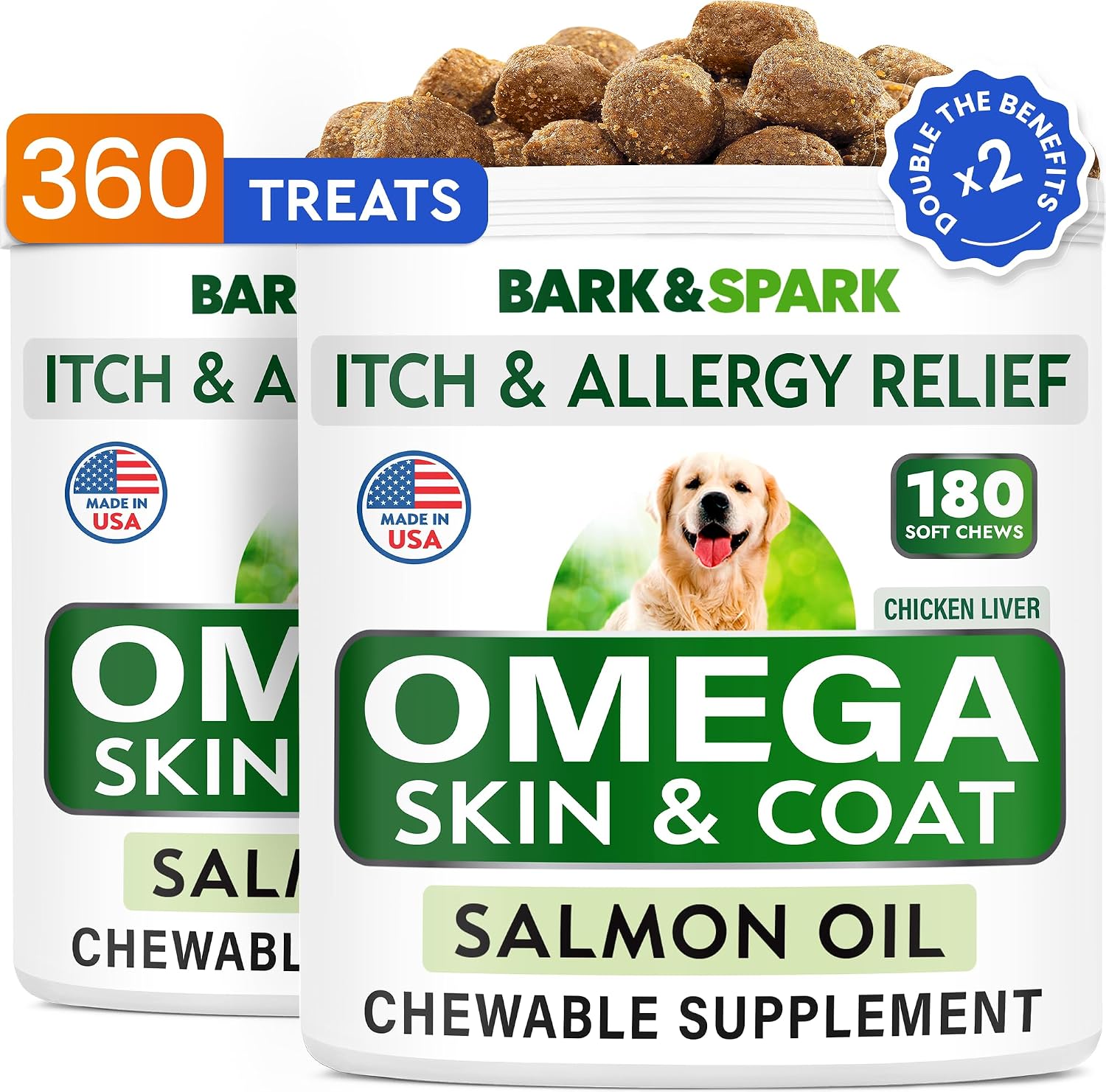 BARK&SPARK Pack de 2 Omega 3 para Perros - 360 Chews de Salmón
