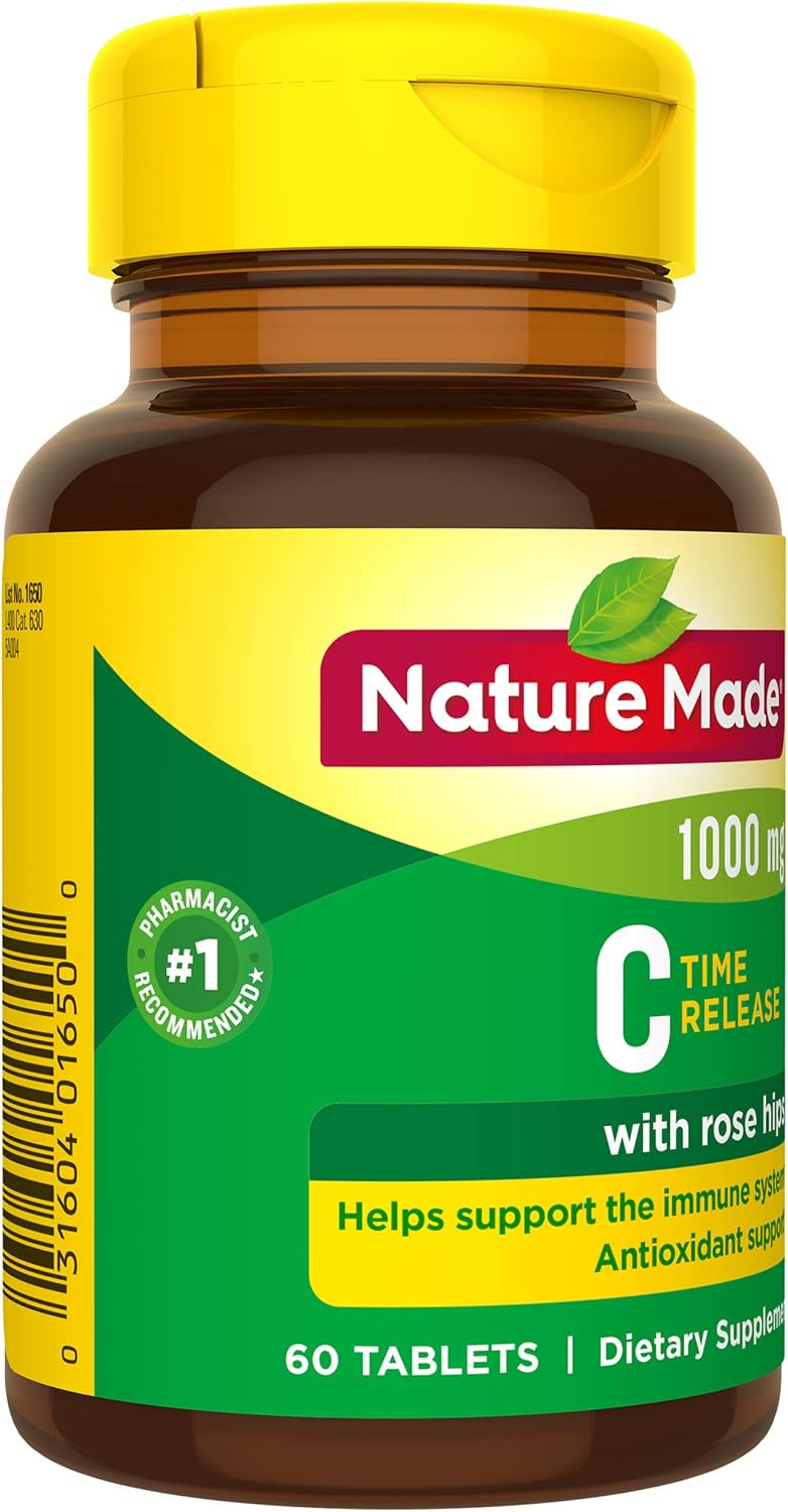 Nature Made Vitamin C 1000 mg Sustained Release Tablets with Rose Hips, 60 Count