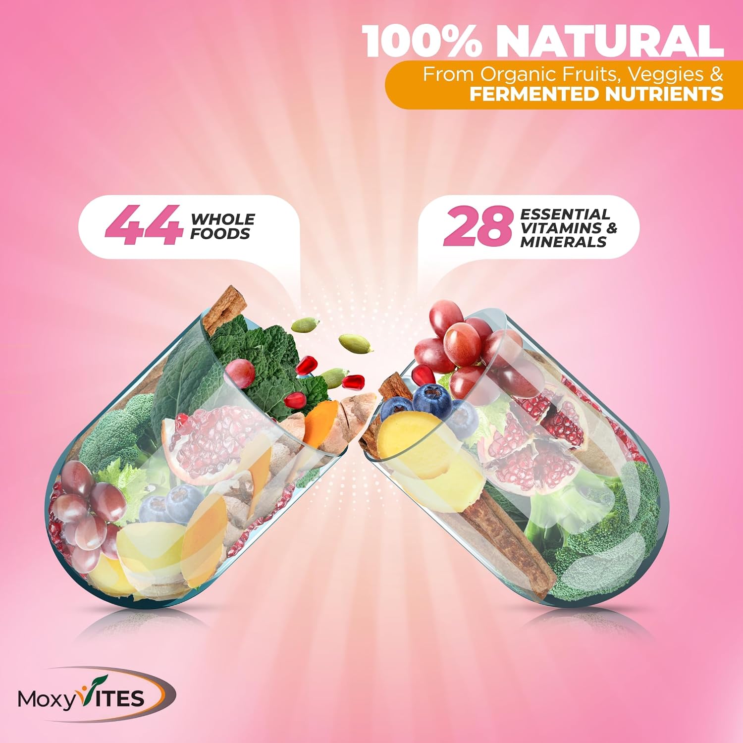 MoxyVites Multivitamínico Metilado para Mujeres con Hierro - 44 Nutrientes Fermentados de Alimentos Integrales - 90 Cápsulas Veganas