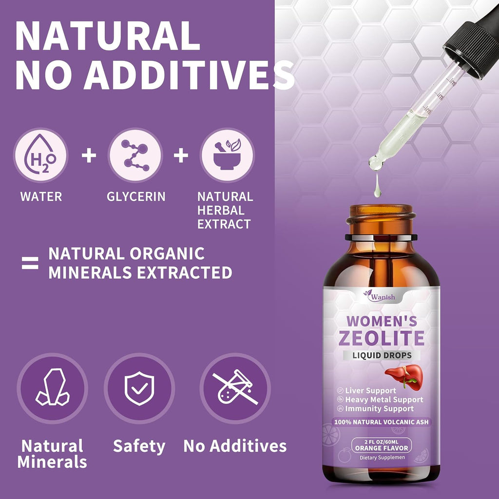 Zeolite Drops para Mujeres - 99%+ Ceniza Volcánica Natural Pura, Vegano, Sin OGM, Sin Azúcar (60 ml)