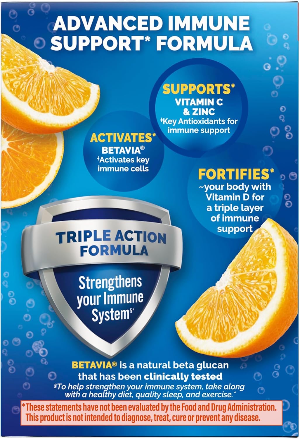 Emergen-C Immune+ Triple Action Immune Support Powder, BetaVia®, 1000mg Vitamin C, B Vitamins, Vitamin D, and Antioxidants, Super Orange – 30 Count