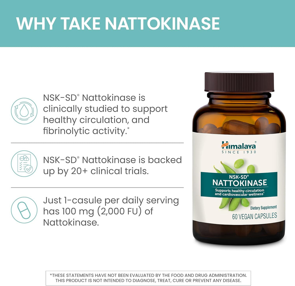 Himalaya NSK-SD Nattokinasa, Suplemento Alimenticio para una Circulación Saludable, Vegano, Sin Gluten, Extracto de Natto, 100 mg, 60 Cápsulas
