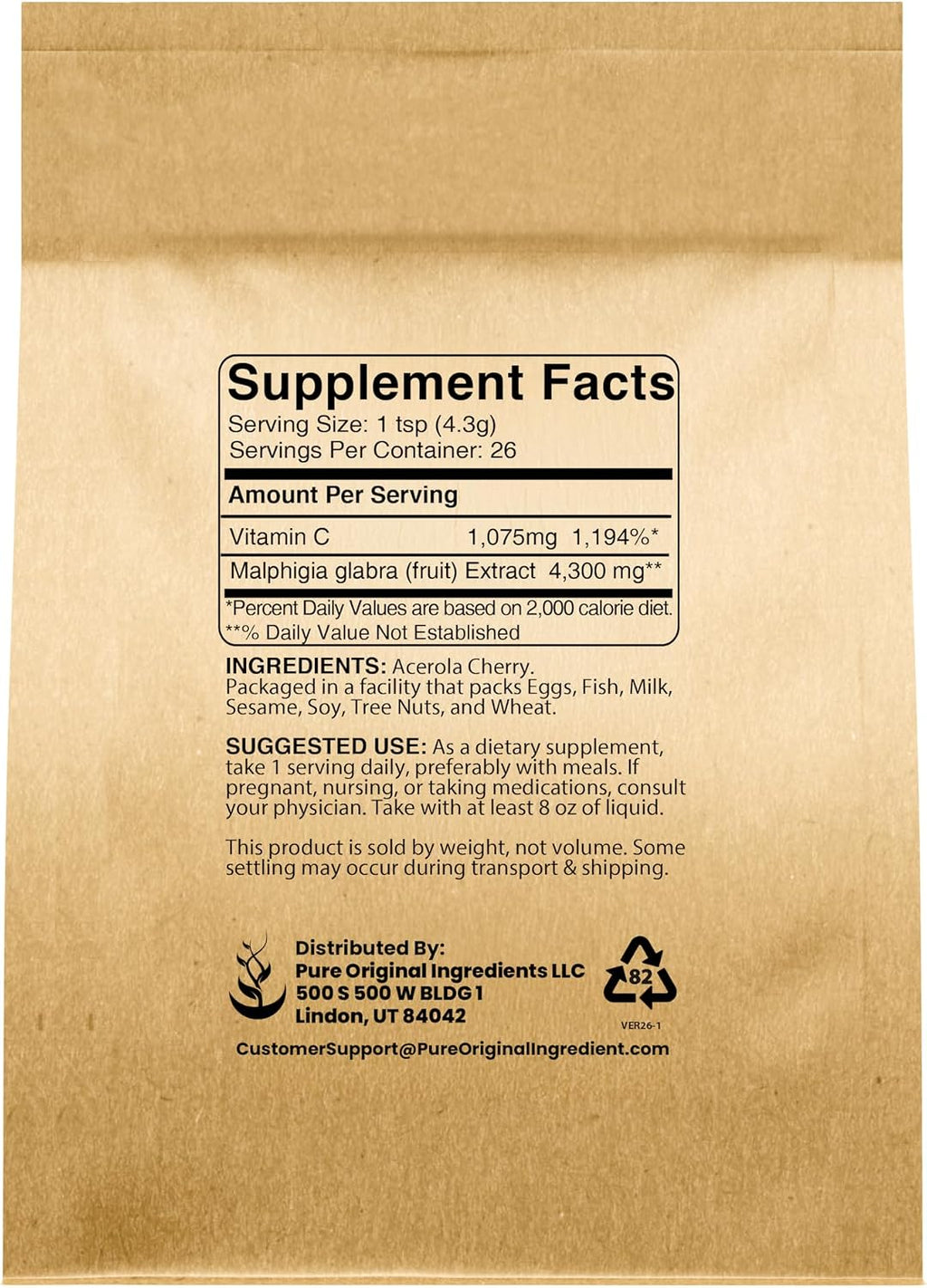 Pure Original Ingredients Polvo de Acerola 4oz - No-GMO, Sin Gluten, Envase Ecológico