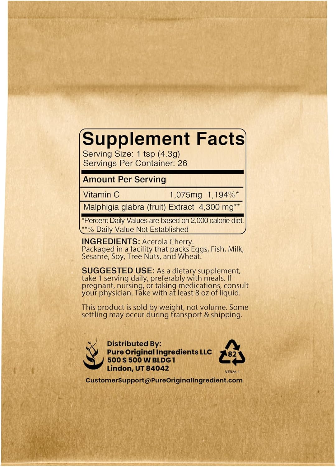 Pure Original Ingredients Polvo de Acerola 4oz - No-GMO, Sin Gluten, Envase Ecológico