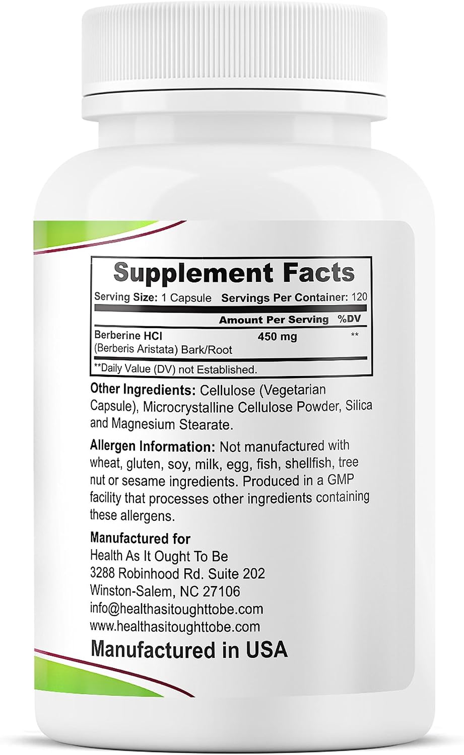 Health As It Ought To Be Berberina Pura 450mg - Suplemento Fresco sin Aditivos - 120 Cápsulas