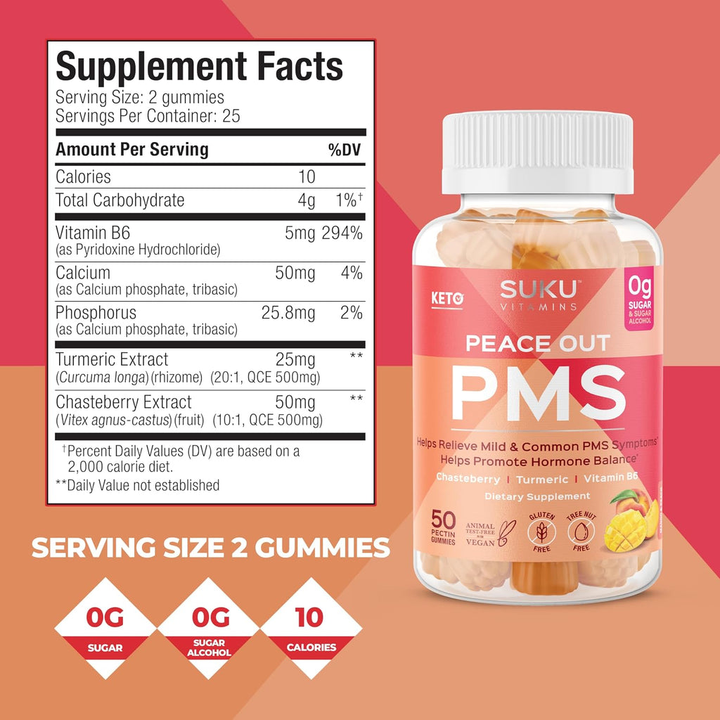 SUKU Vitamins - Gomitas para el síndrome premenstrual con Vitex (Sauco casto) - Sabor melocotón y mango - 50 gomitas