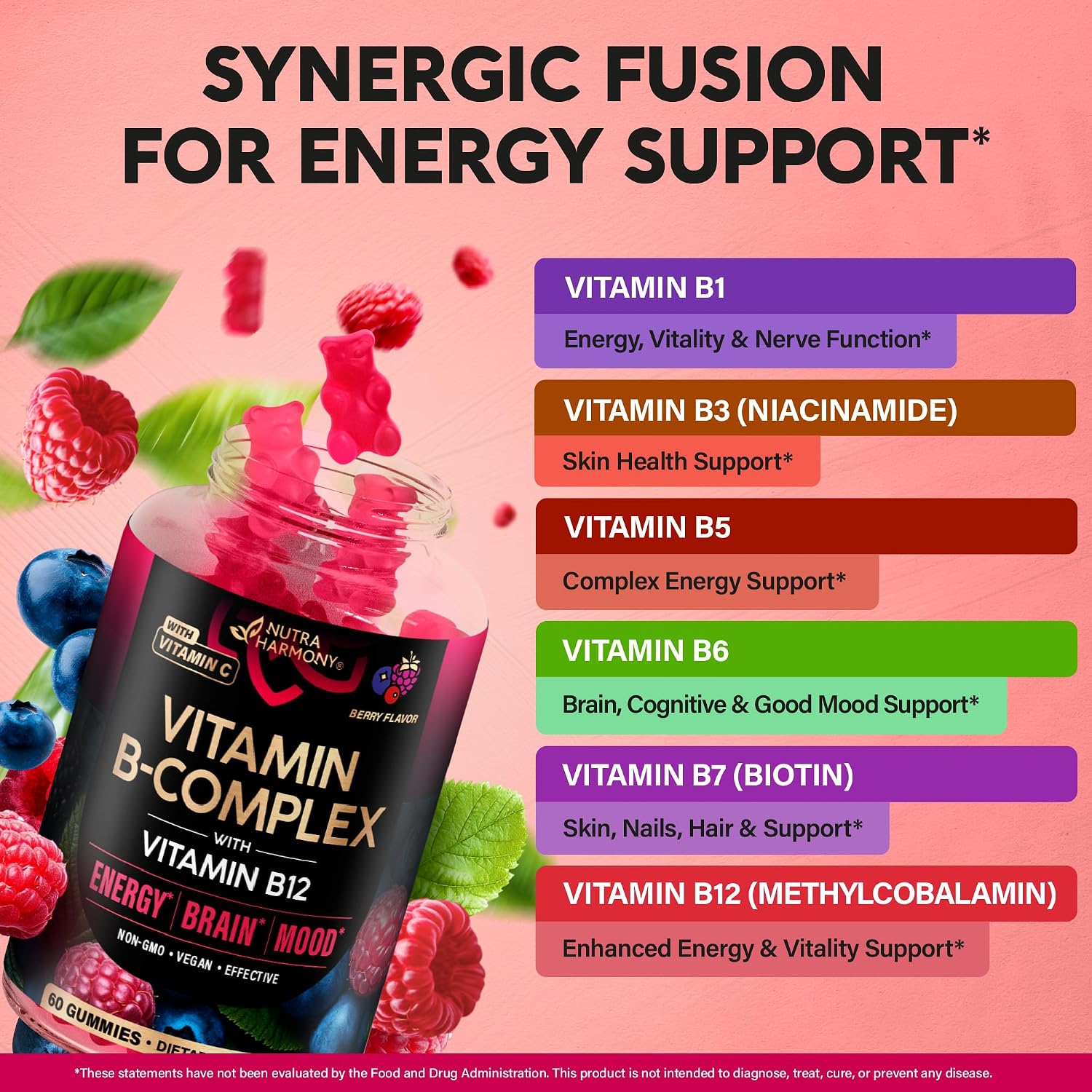 NUTRAHARMONY Complejo B Gominolas - Vitaminas B1-B12, C y Colina - 60 Gominolas Veganas Sabor Berry