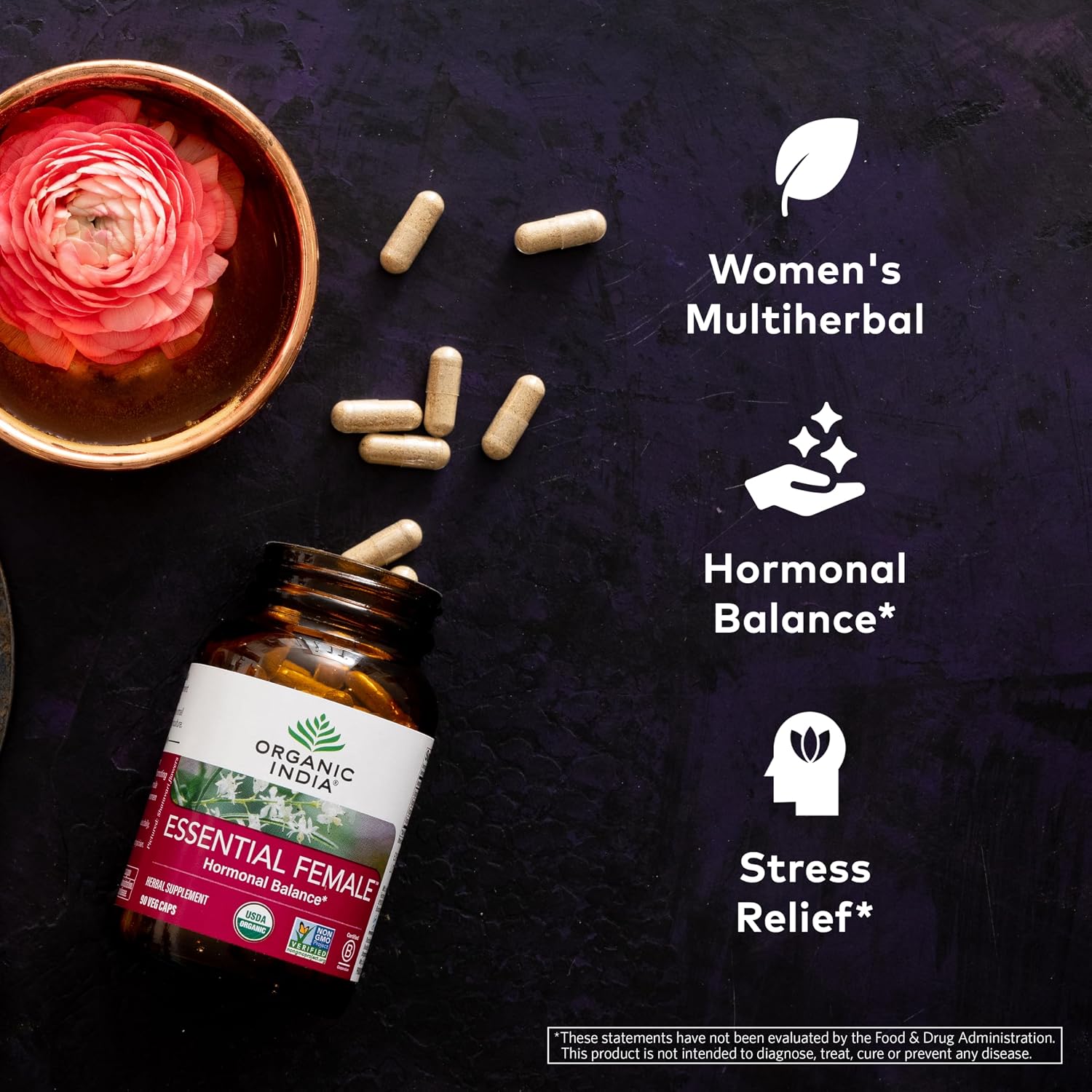 ORGANIC INDIA Essential Female - Suplemento Herbal Femenino, Equilibrio Hormonal, 90 Cápsulas