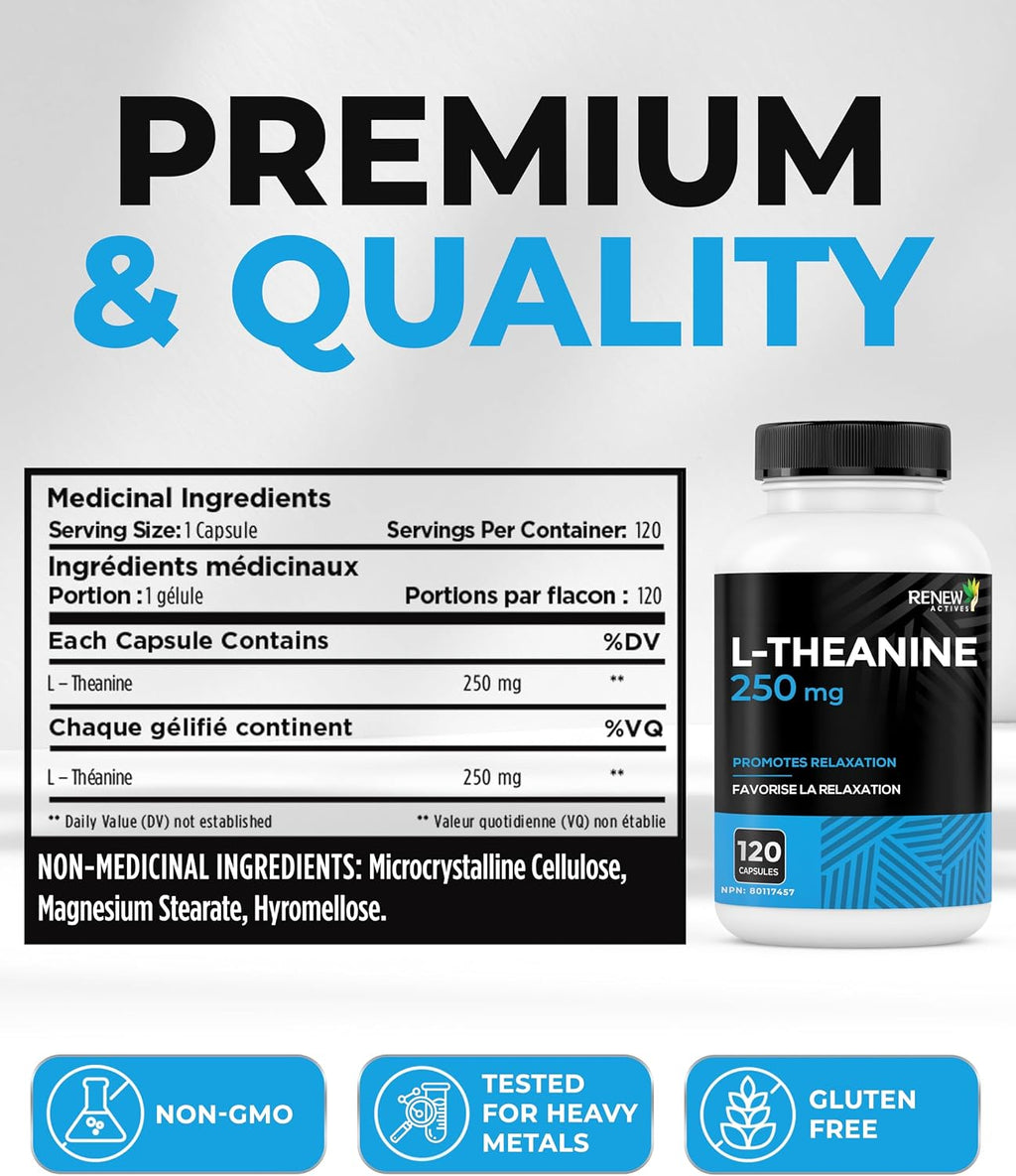 Renew Actives L-Teanina 250 mg – 120 Cápsulas para Relajación y Enfoque