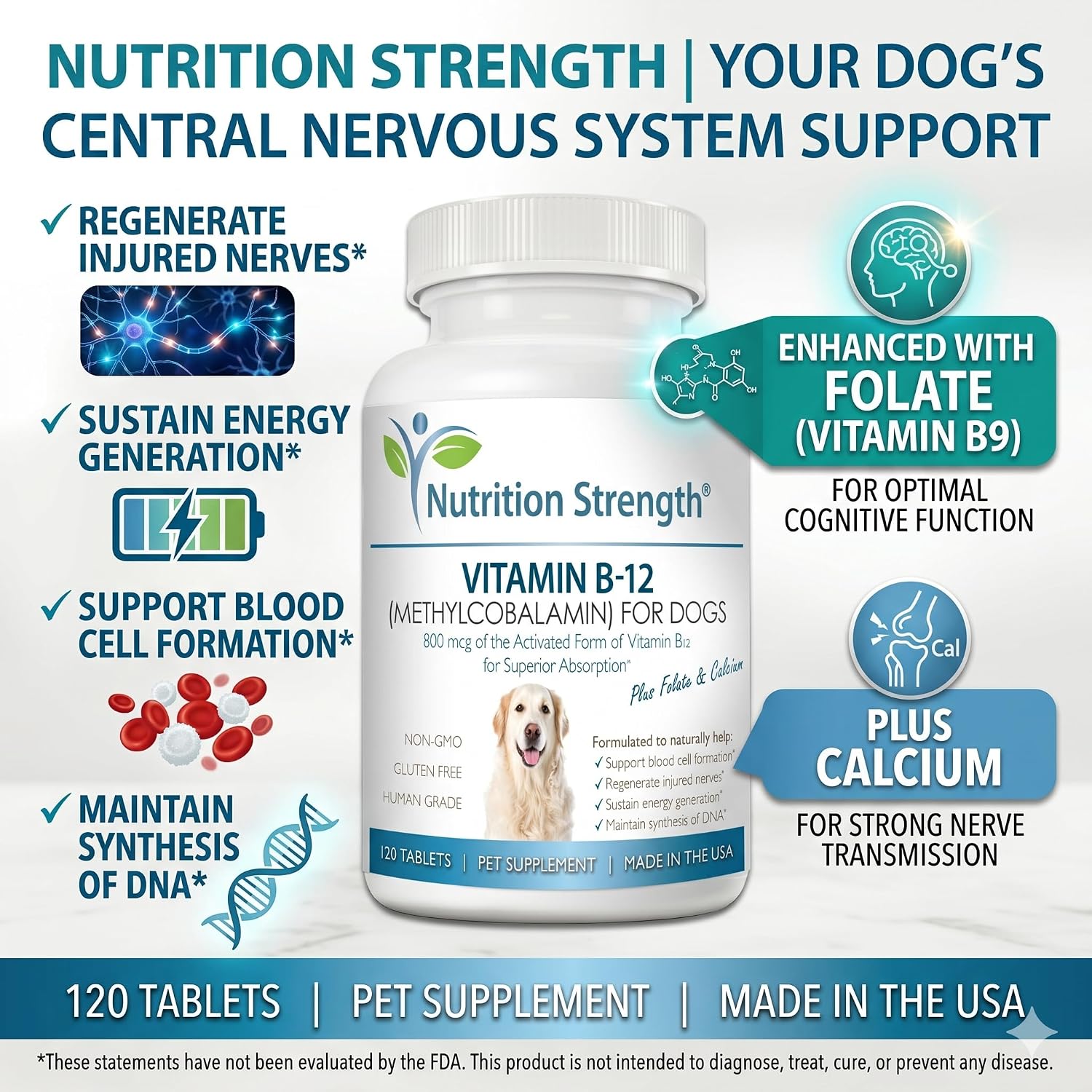 Nutrition Strength Vitamina B12 para Perros con Folato y Calcio - 120 Comprimidos Masticables