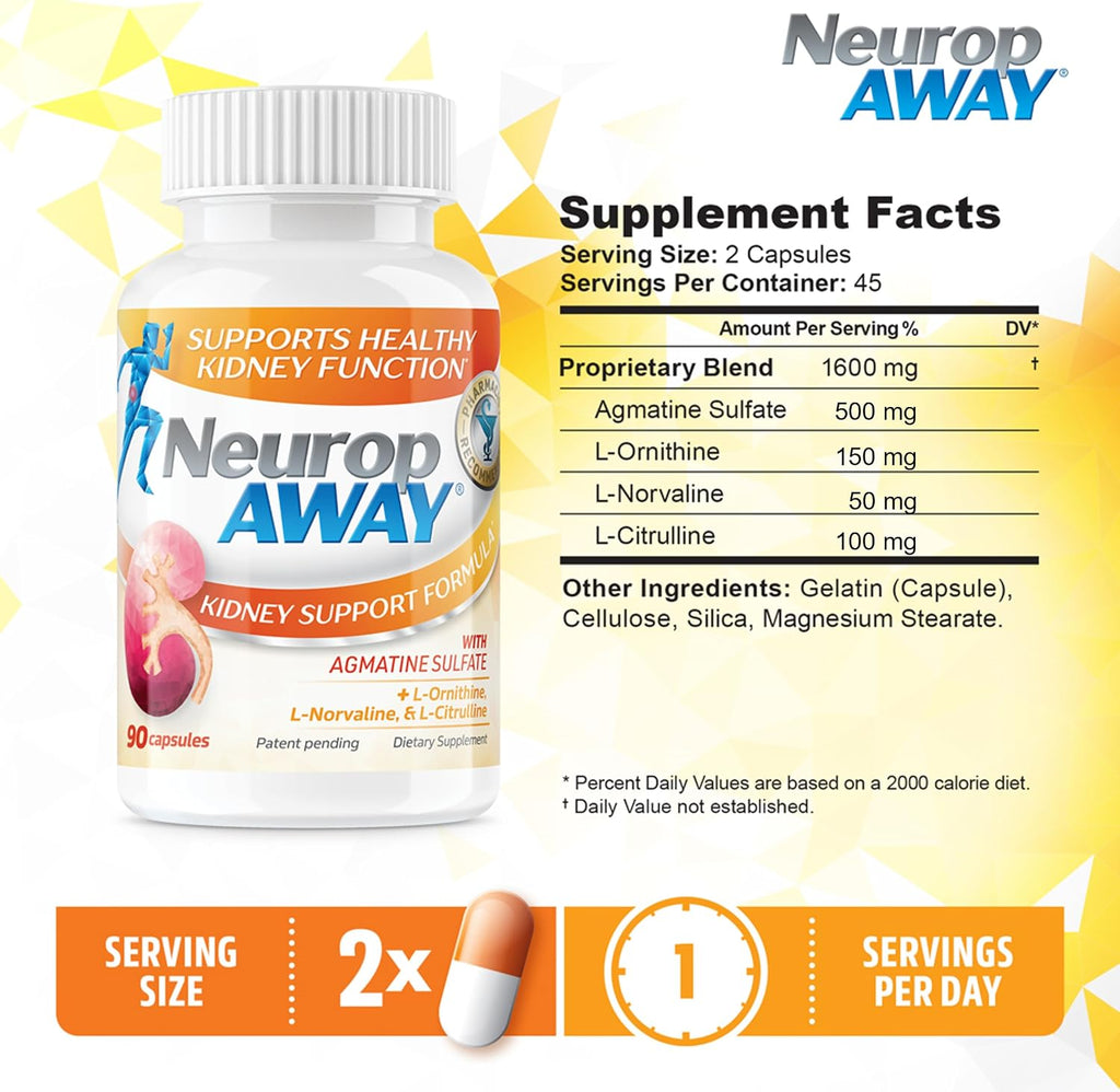 NeuropAWAY Fórmula de Apoyo Renal con Agmatina Sulfato, L-Arginina, L-Ornitina, L-Citrulina - 90 Cápsulas