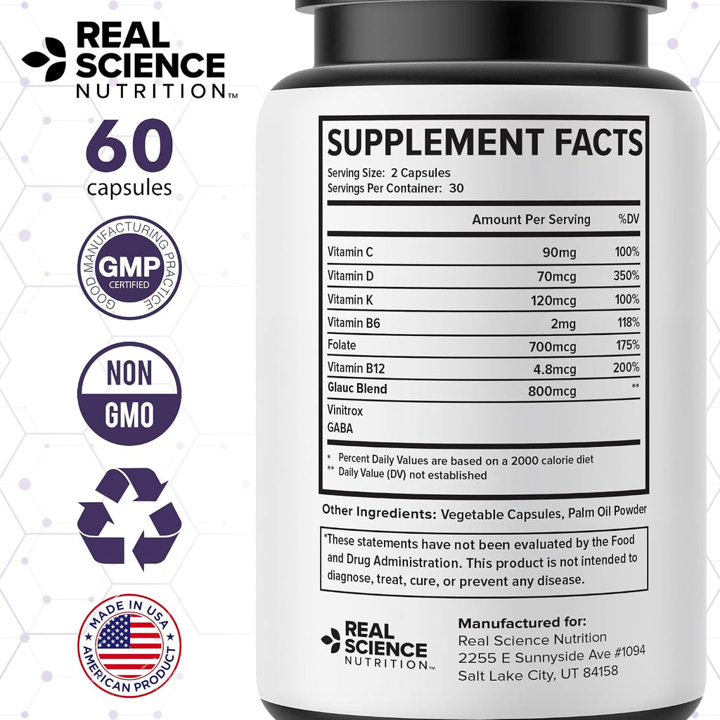 Real Science Glaucomol Miracle - Suplemento Ocular Natural con Vitaminas C, D y B12 para Apoyo del Nervio Óptico y Circulación Ocular – 60 Cápsulas