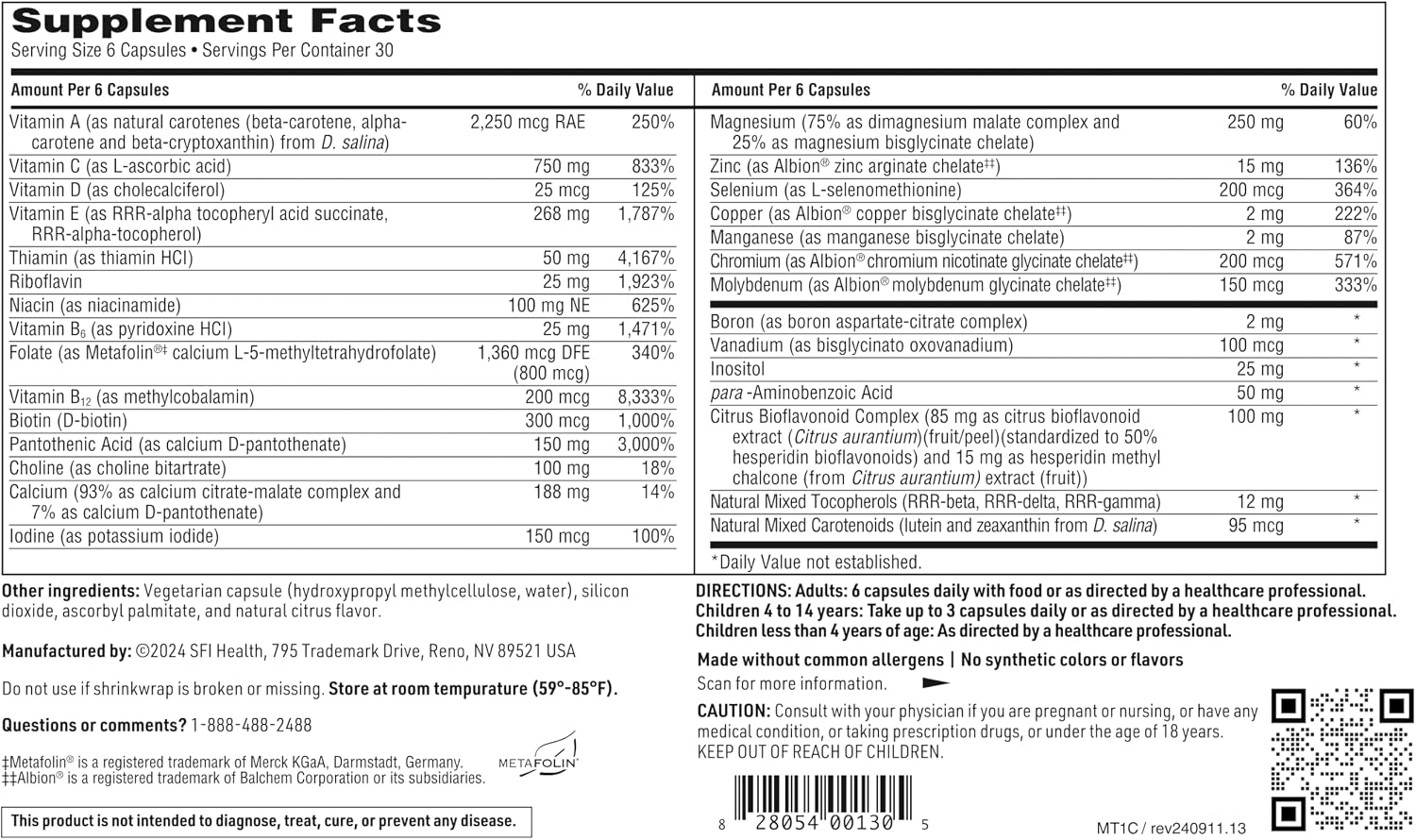Klaire Labs MultiThera 1 - Multivitamin and Multimineral without Iron, 180 Capsules