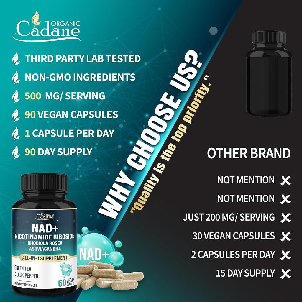 Organic Cadane Nicotinamida Ribósido 500mg | Apoyo Salud Celular | Vegano, No-GMO | 90 Cápsulas