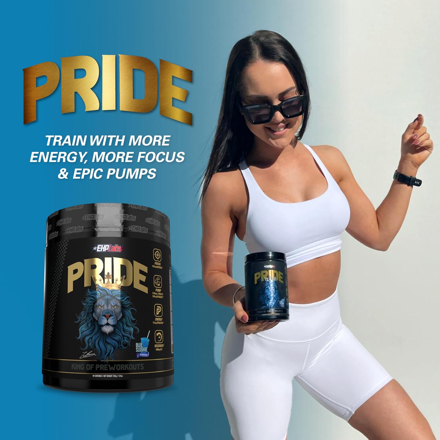 EHP Labs Pride Pre Workout - Pre-entreno en Polvo Sin Azúcar con Cafeína y BCAA (40 Servicios, Blue Slushie)