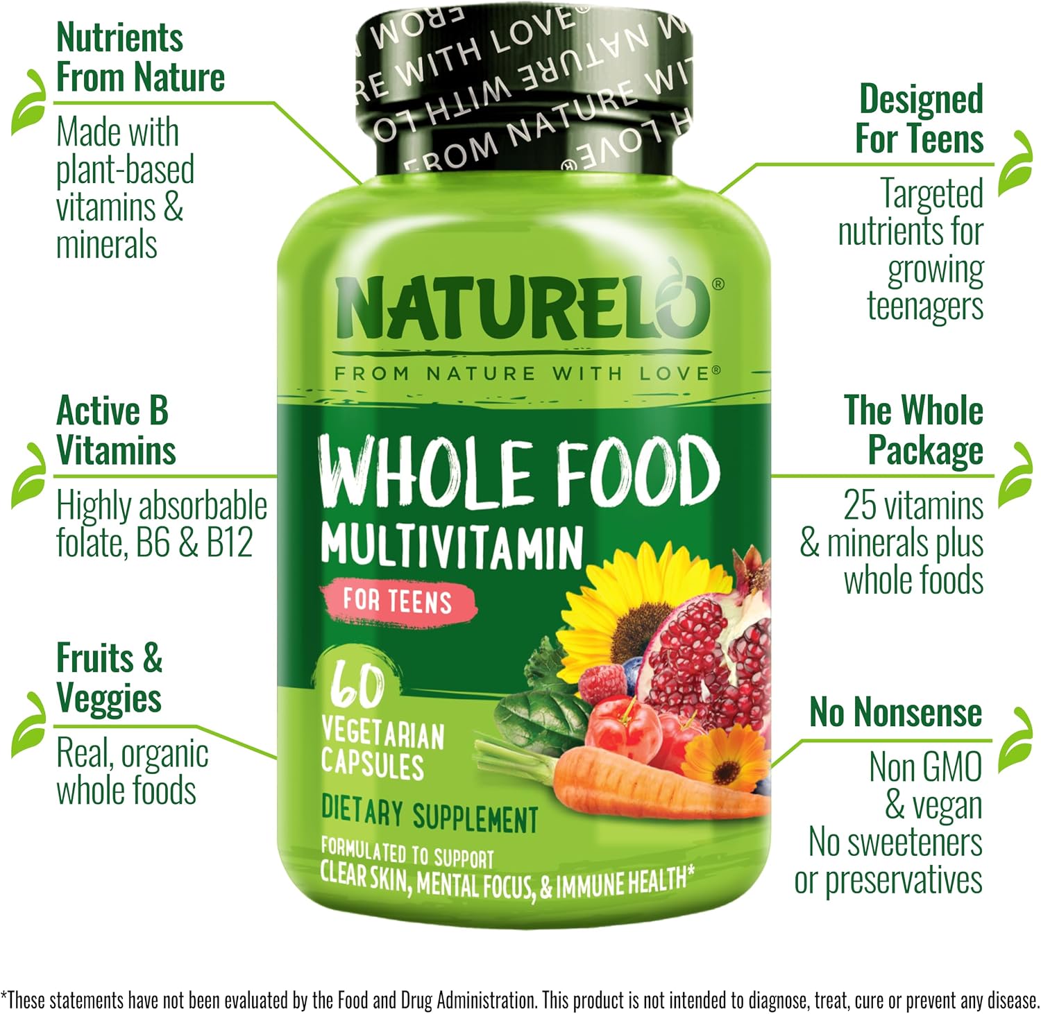 NATURELO Multivitamínico para Adolescentes - 60 Cápsulas - Complejo Vitamínico con Minerales, Vegano, Sin Gluten