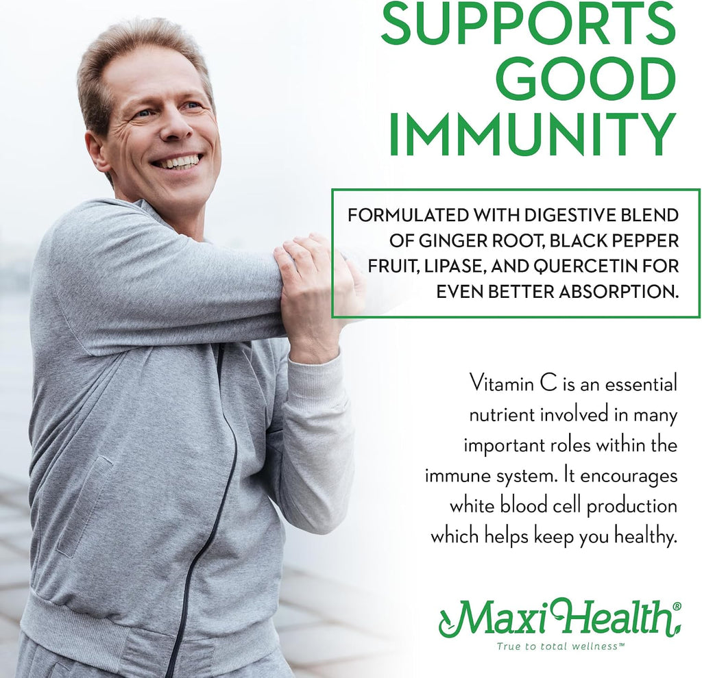 Maxi Health Lipizorb-C Vitamina C Liposomal 1000 mg – 90 Comprimidos – Suave para el Estómago con Quercetina y Jengibre – Vegano