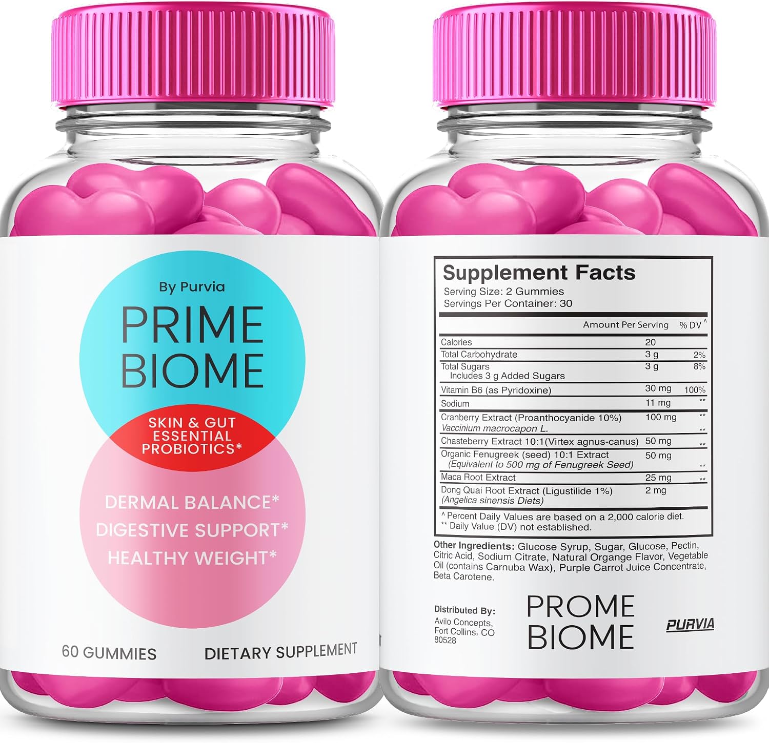 (2 Pack) Prime Biome Gummies - Suplemento para la Piel y el Intestino