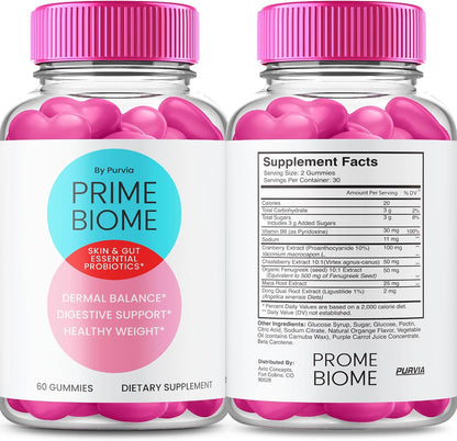 (2 Pack) Prime Biome Gummies - Suplemento para la Piel y el Intestino