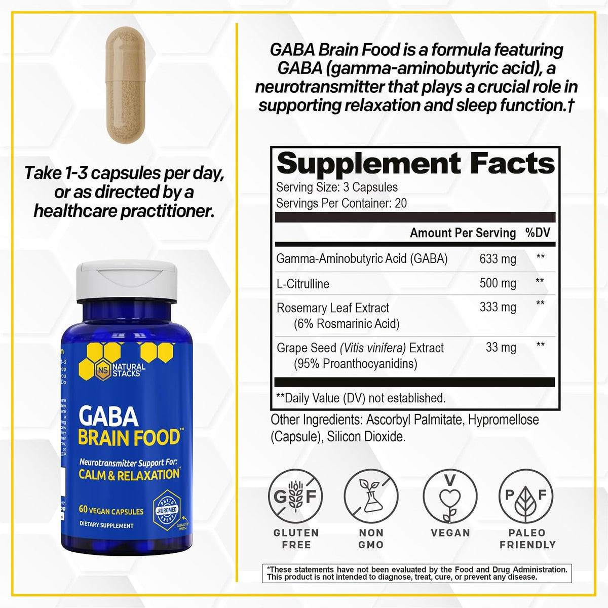 GABA Brain Food - Suplemento de GABA con L-Citrulina y Extracto de Semilla de Uva - 60 Cápsulas – Image 2