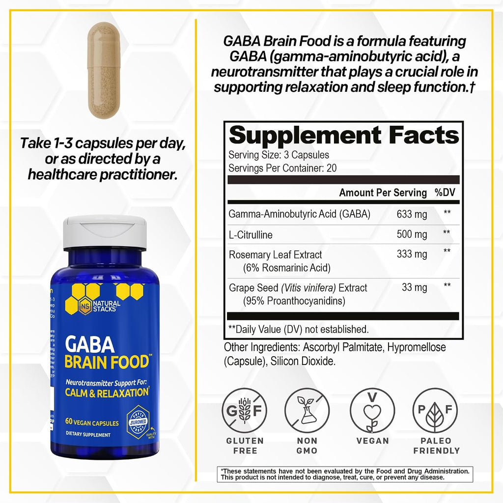 GABA Brain Food - Suplemento con L-Citrulina y Extracto de Semilla de Uva - Apoya la Calma y la Relajación - 120 Cápsulas