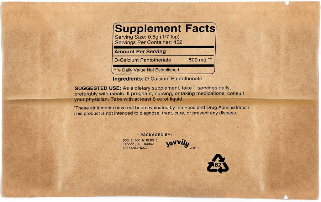 Jovvily Ácido Pantoténico (Vitamina B5) - Polvo Puro de D-Pantotenato de Calcio - 227 g (8 oz)