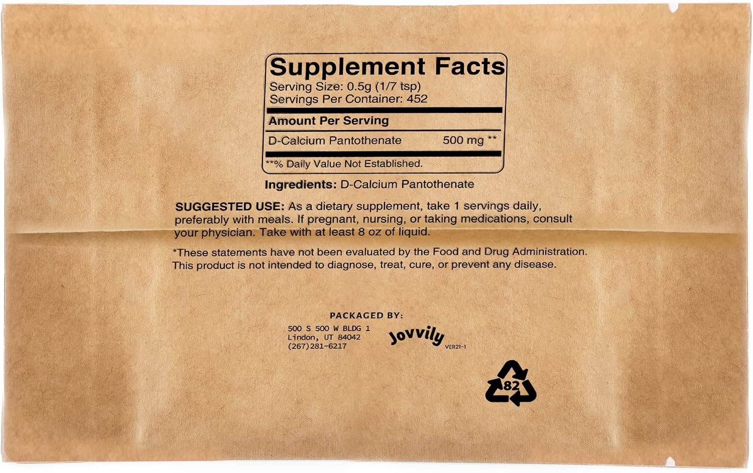 Jovvily Ácido Pantoténico (Vitamina B5) - Polvo Puro de D-Pantotenato de Calcio - 227 g (8 oz)