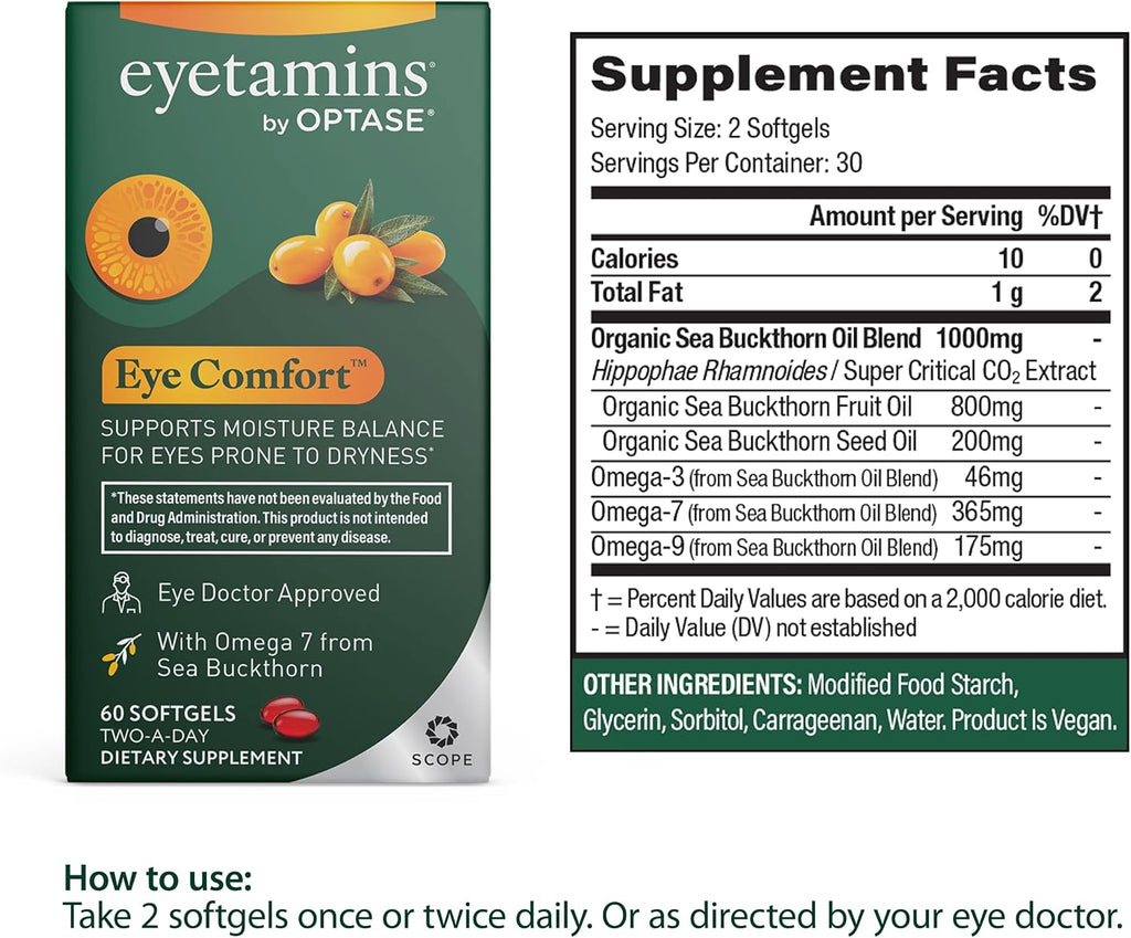 eyetamins® by OPTASE® Eye Comfort™ - 60 Cápsulas Blandas - Suplemento Ocular con Omega-7 de Espino Amarillo