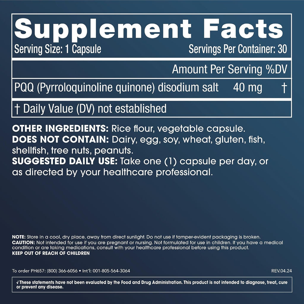 Pure PQQ - Pirroloquinolina Quinona, 40 mg, Extra Strength - 30 Cápsulas
