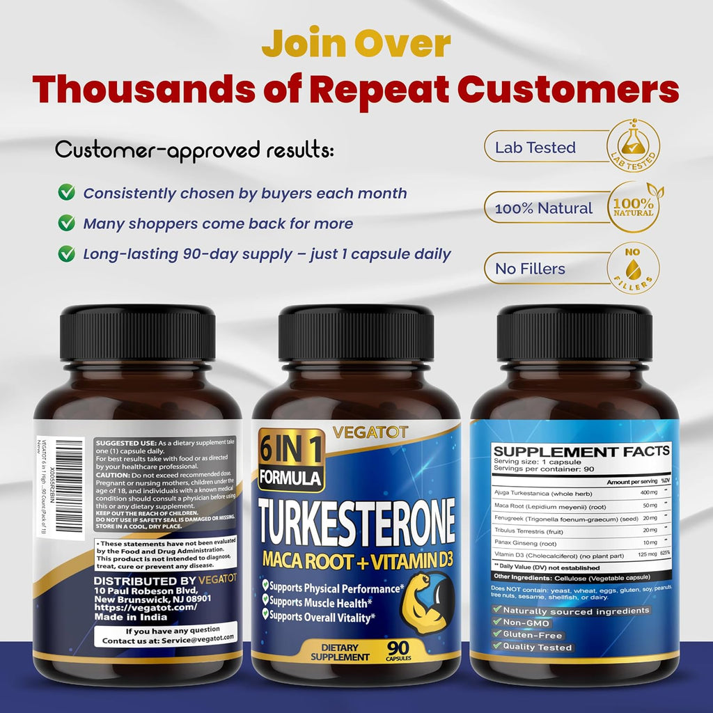 6 en 1 Turkesterone de Alta Concentración con Maca, Fenogreco, Tribulus, Ginseng y Vitamina D3 - 90 Cápsulas (Suministro 3 Meses)