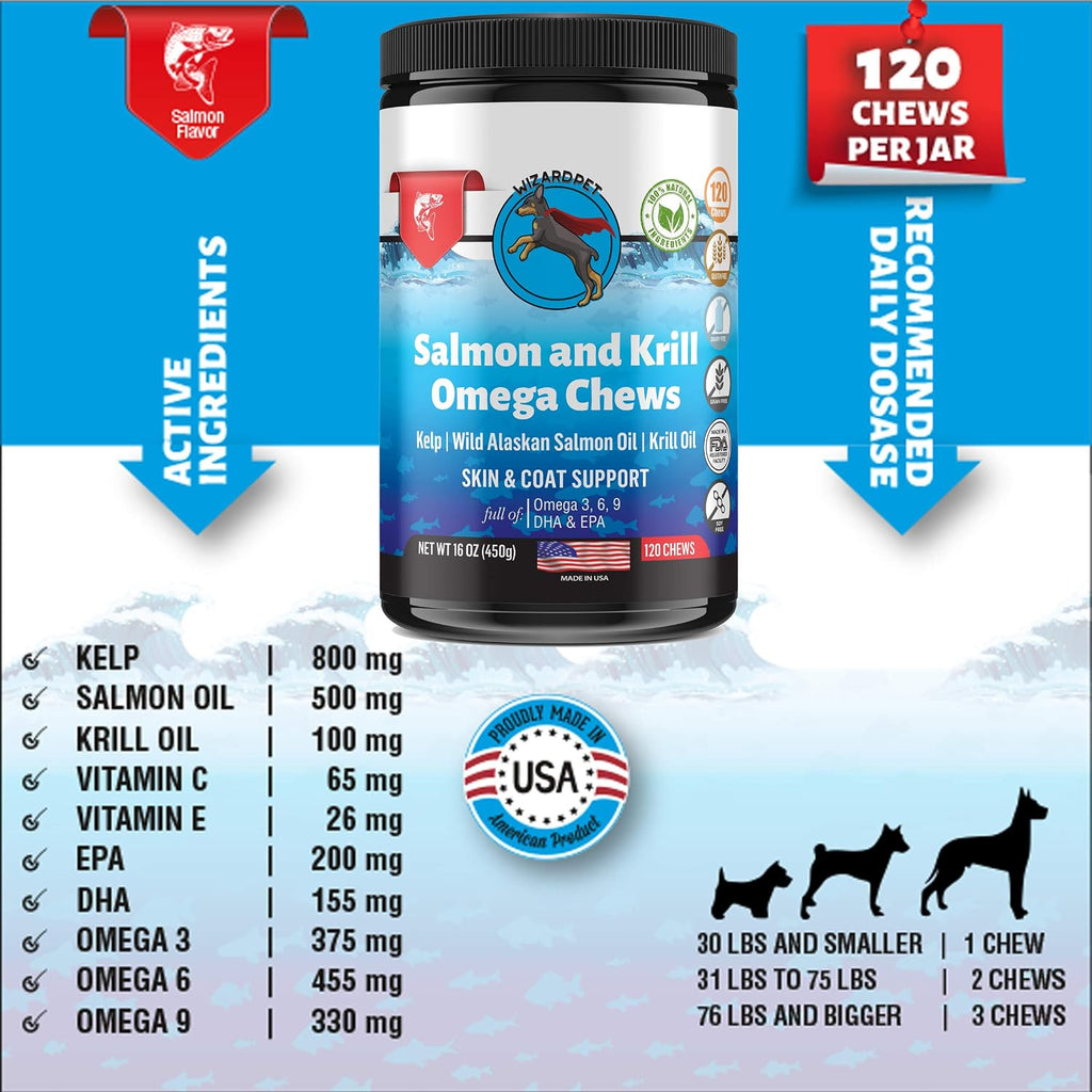 WIZARDPET Masticables Blandos de Aceite de Salmón y Krill para Perros - 120 Unidades - Suplemento de Omega 3, 6 y 9 con EPA y DHA