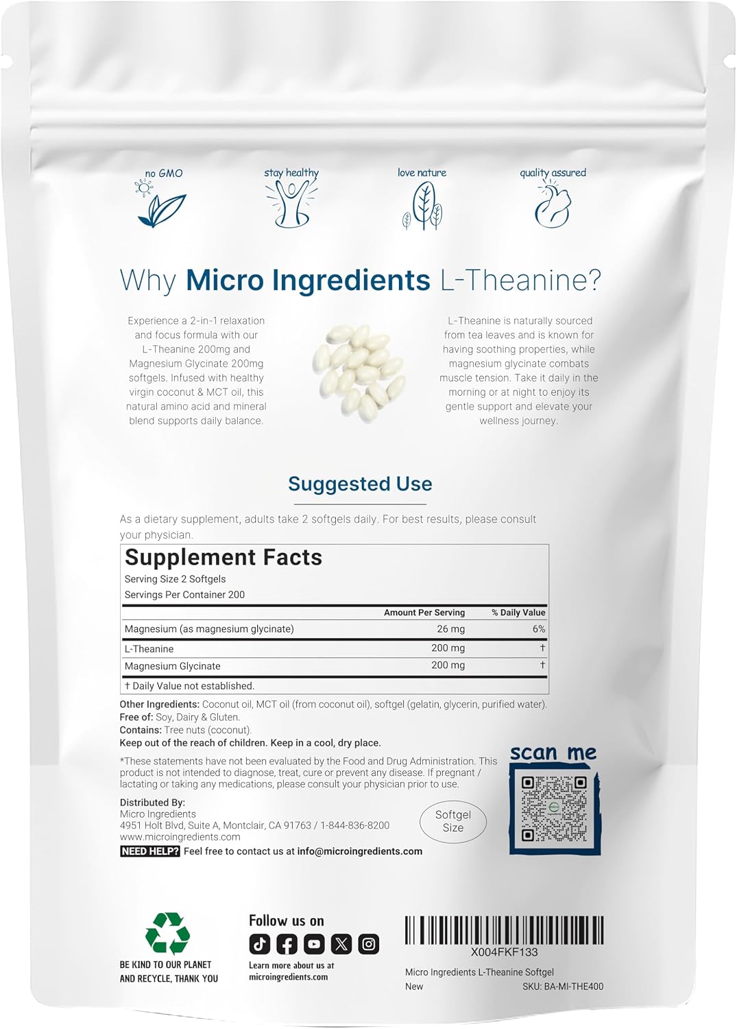L-Theanine 200mg con Magnesio Glicinato, 400 Softgels con Aceite MCT de Coco | Complejo 2 en 1 de Aminoácido y Mineral