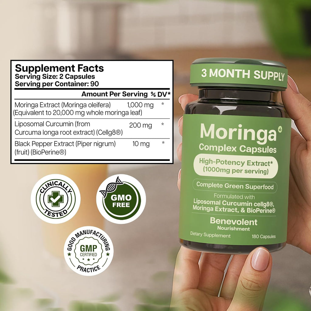 Benevolent Moringa Cápsulas con Curcumina Liposomal y BioPerine – 180 Cápsulas