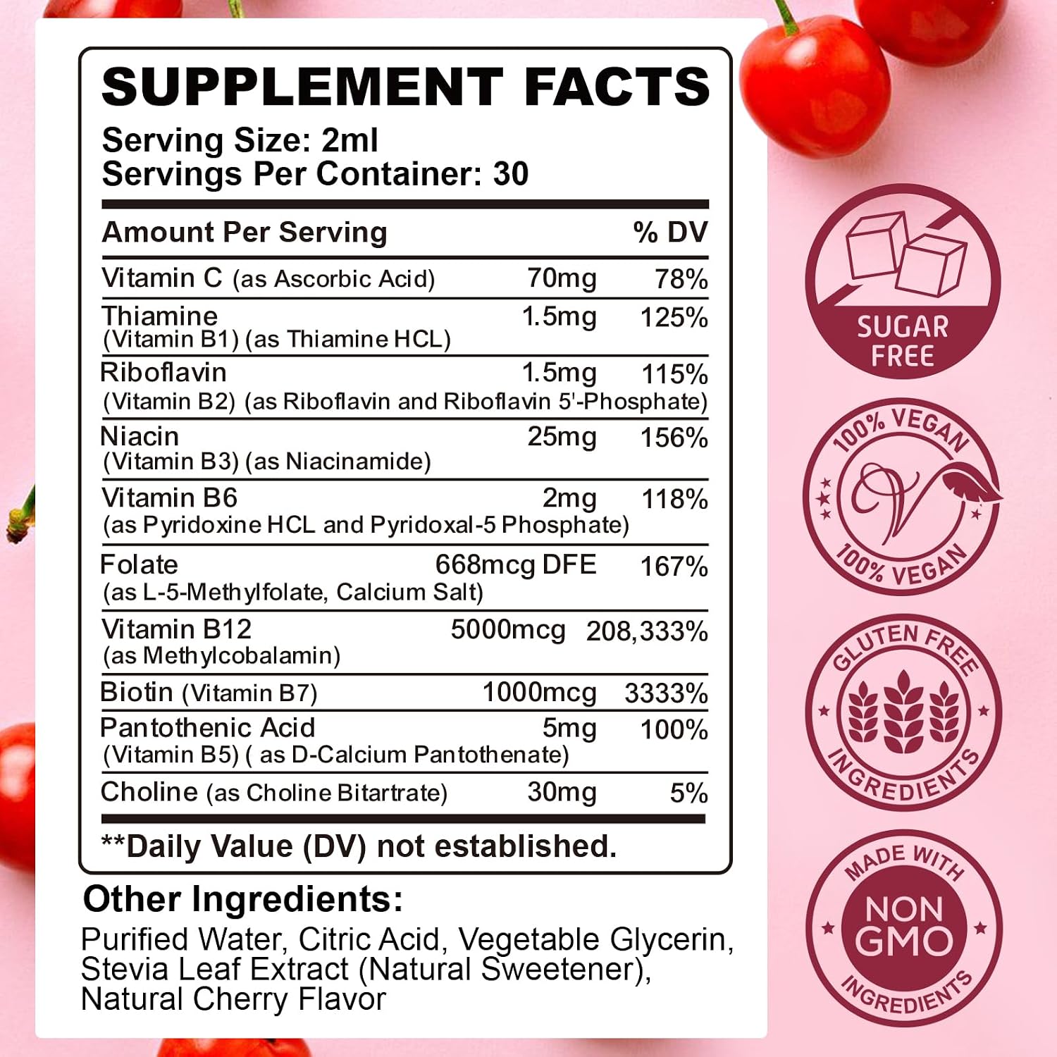 CFILIHTC Complejo B en Gotas Líquidas (2 Pack) - Vitaminas B1, B2, B3, B5, B6, B7, B9 y Metil B12 - Sabor Cereza - Vegano