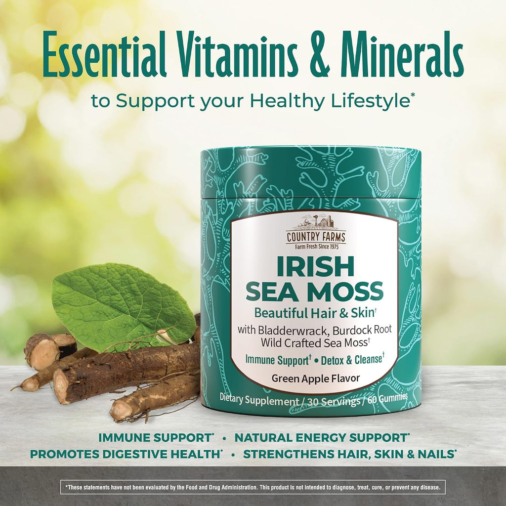 Country Farms Irish Sea Moss Gummies - 2000mg con Bardana y Fucus - Vegano y Sin Gluten - Sabor Manzana Verde